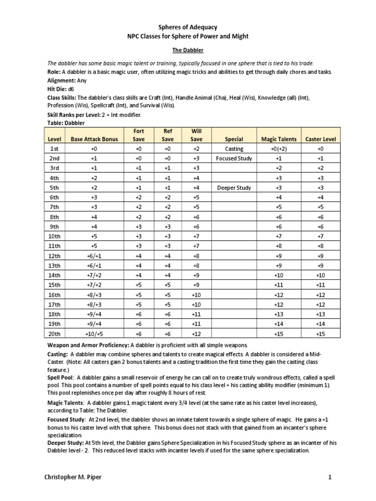 Spheres of Adequacy NPC Classes For Sphere of Power and Might PDF