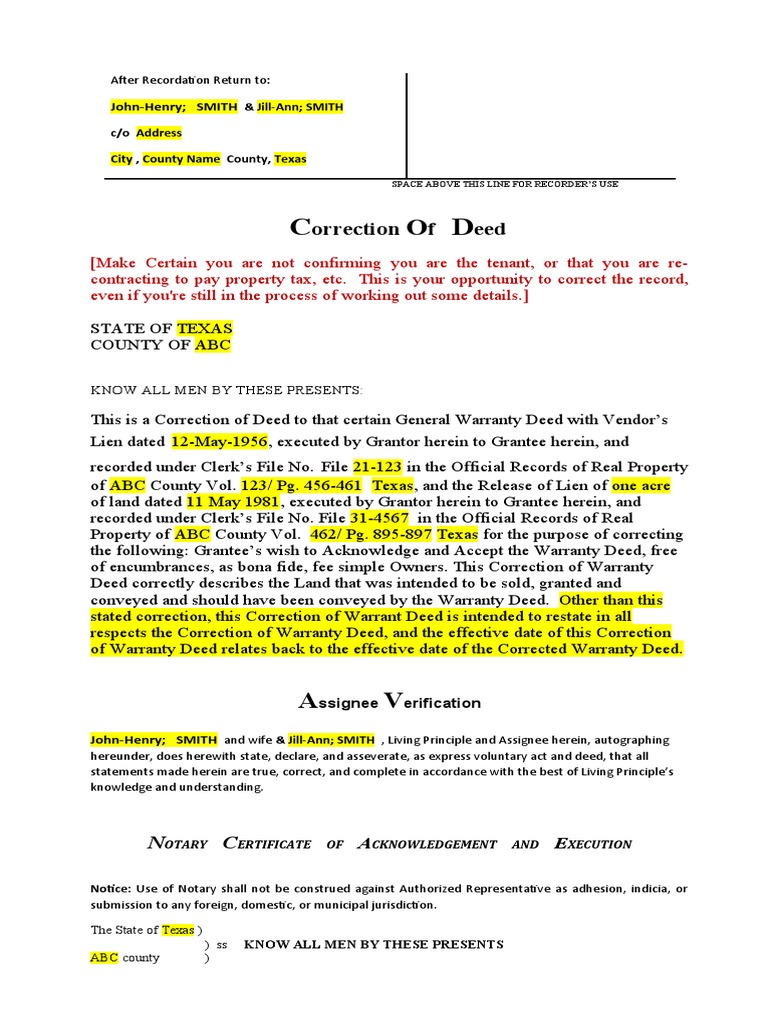 Correction of Warranty Deed Texas | PDF | Deed | Notary Public