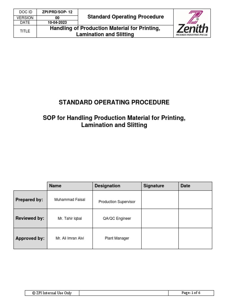 SOP For Handling Production Material For Printing, Lamination and