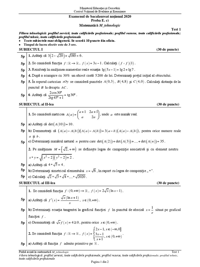 Subiecte Bac 2012 - 2022 - Teste - Antrenament - 2020 - 2021 | PDF