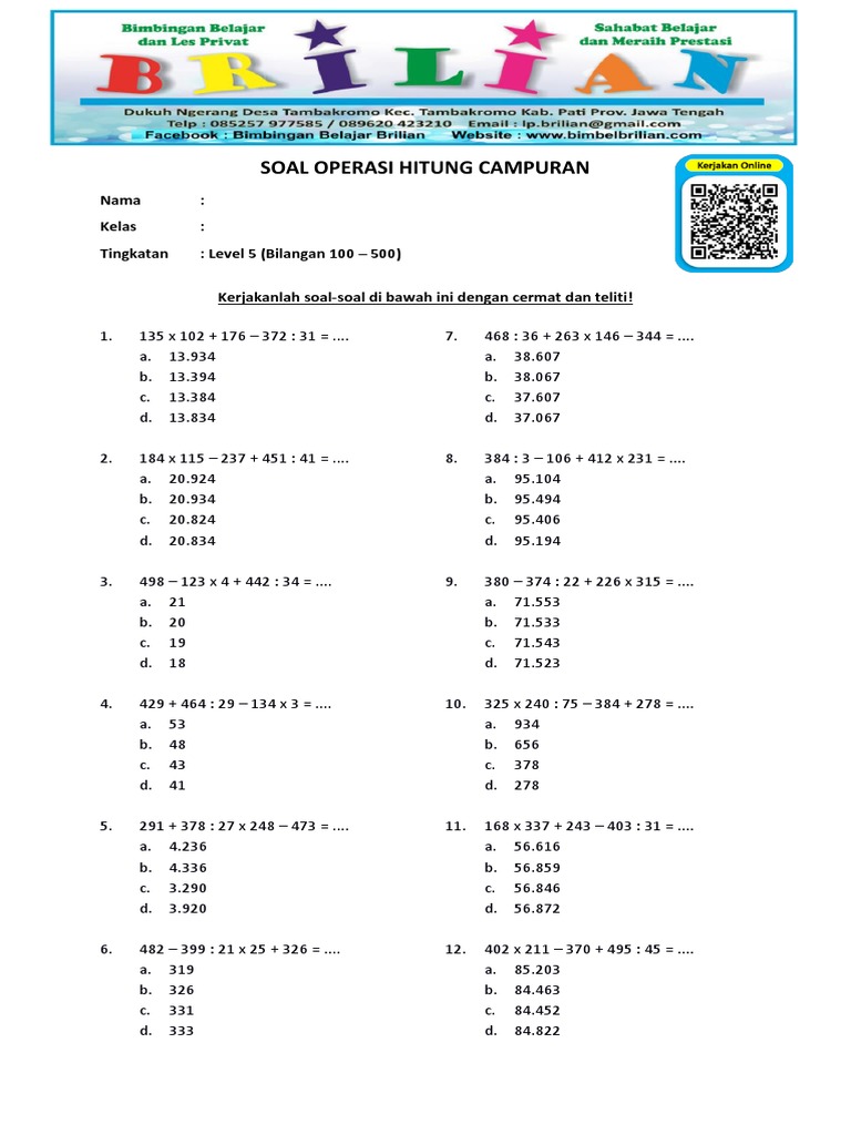 Soal Operasi Hitung Campuran Perkalian Pembagian Pengurangan Dan ...