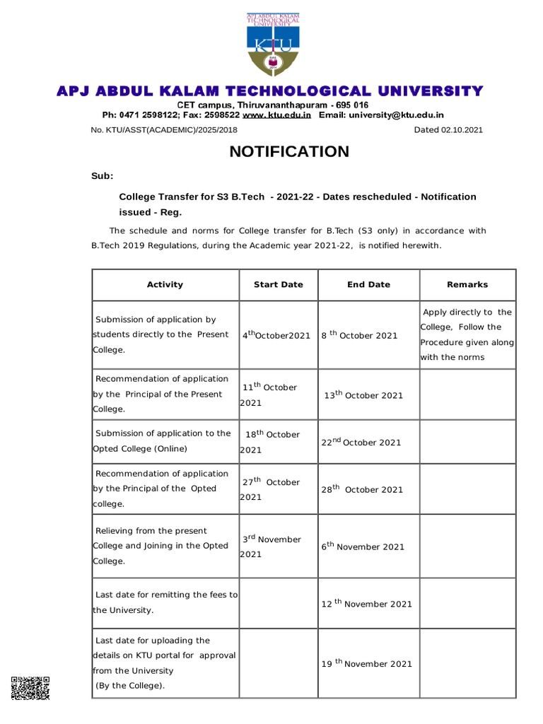 College Transfer For S3 B.Tech Notification | PDF