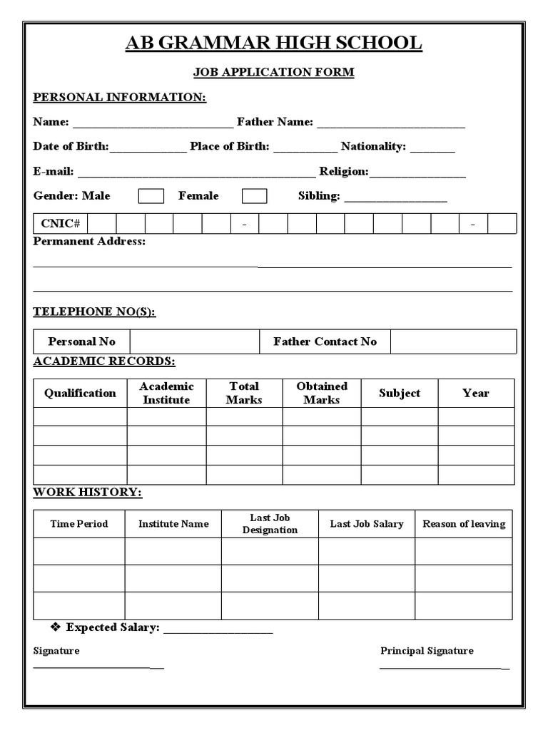AB Grammar High School Job Application Form | PDF | Career & Growth