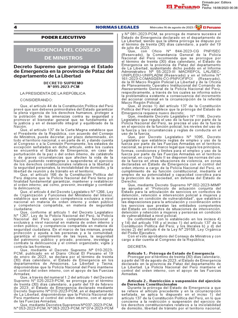 Decreto Supremo Que Prorroga El Estado De Emergencia En La P Decreto