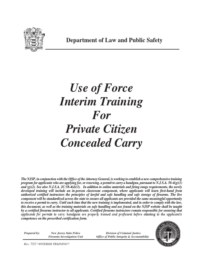 New Jersey Use of Force Interim Training For Private Citizen Concealed
