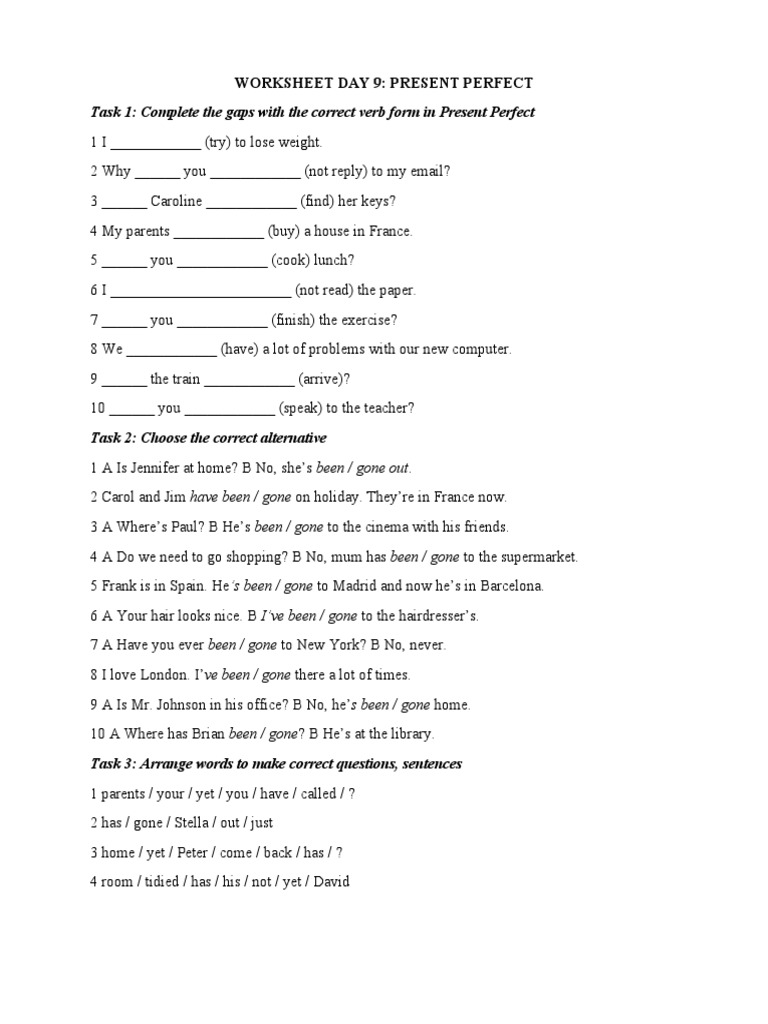 Present Perfect Worksheet Activities | PDF