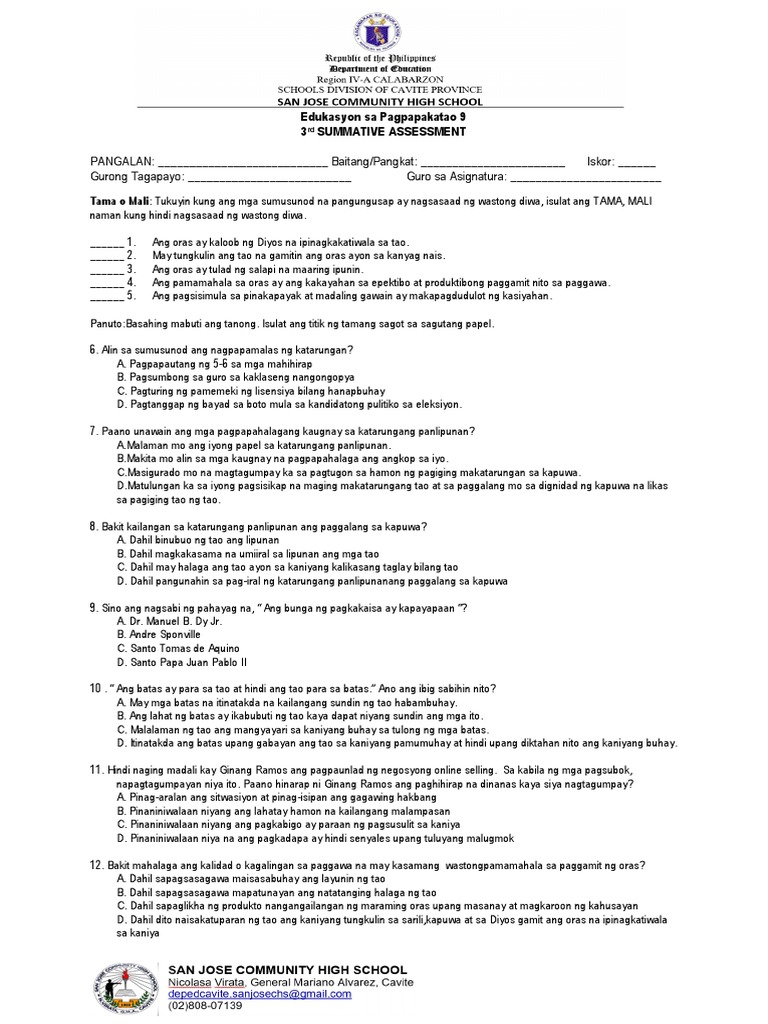 EsP 9 3rd QTR Summative Test Edited | PDF