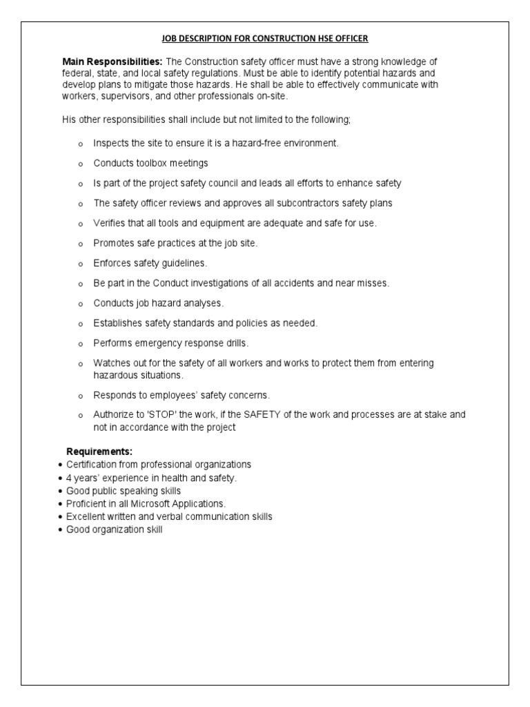 Job Description For Construction Hse Officer PDF