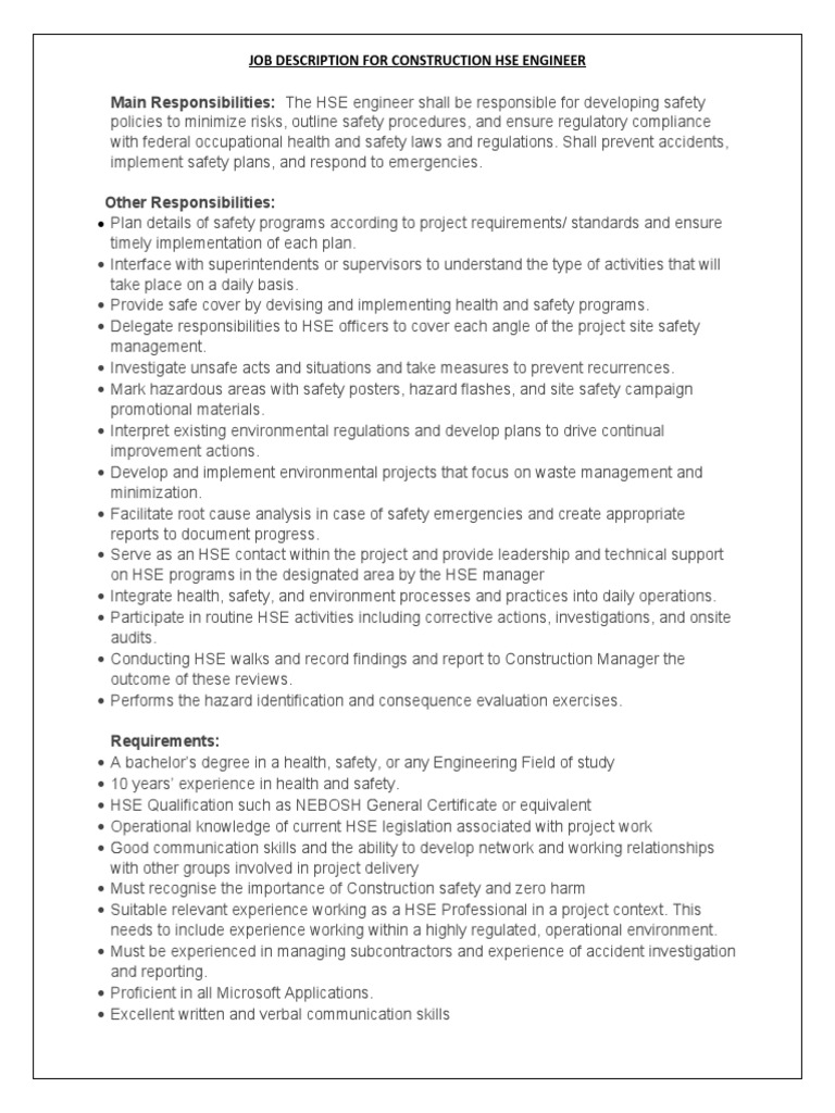 JOB DESCRIPTION FOR CONSTRUCTION HSE ENGINEER PDF