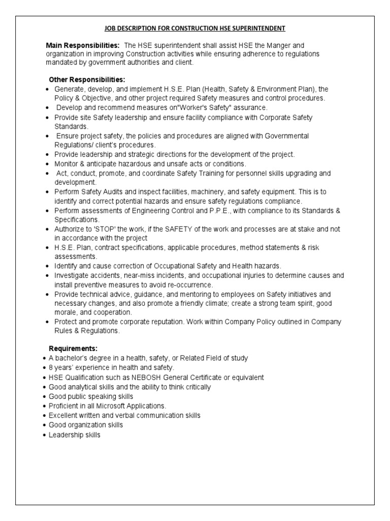 HSE Superintendent Job Description | PDF | Occupational Safety And ...