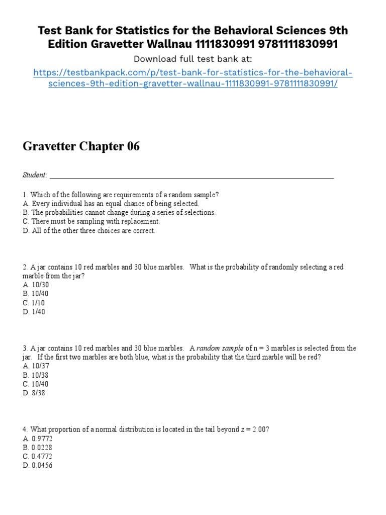 Statistics For The Behavioral Sciences 9th Edition Gravetter Test Bank ...