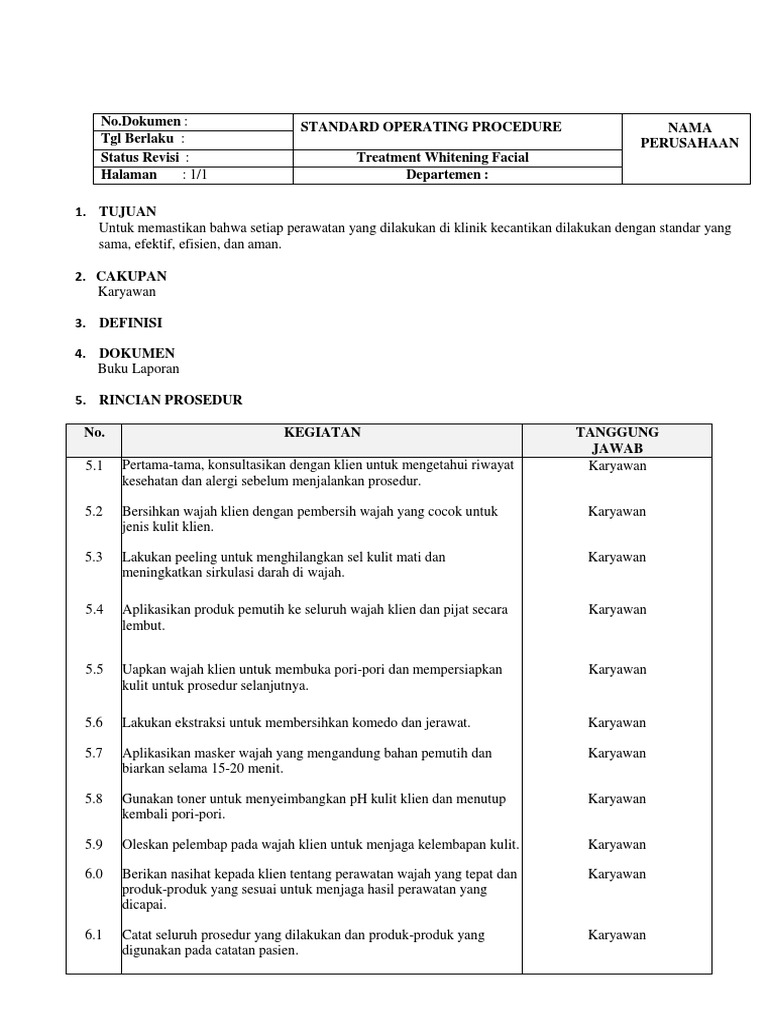 Sop Treatment Whitening Facial Pdf