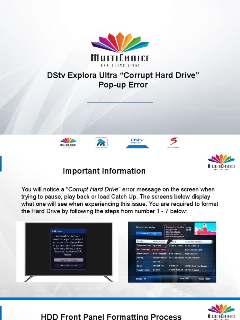 Dstv explora ultra corrupt hard drive pop up error recovery process