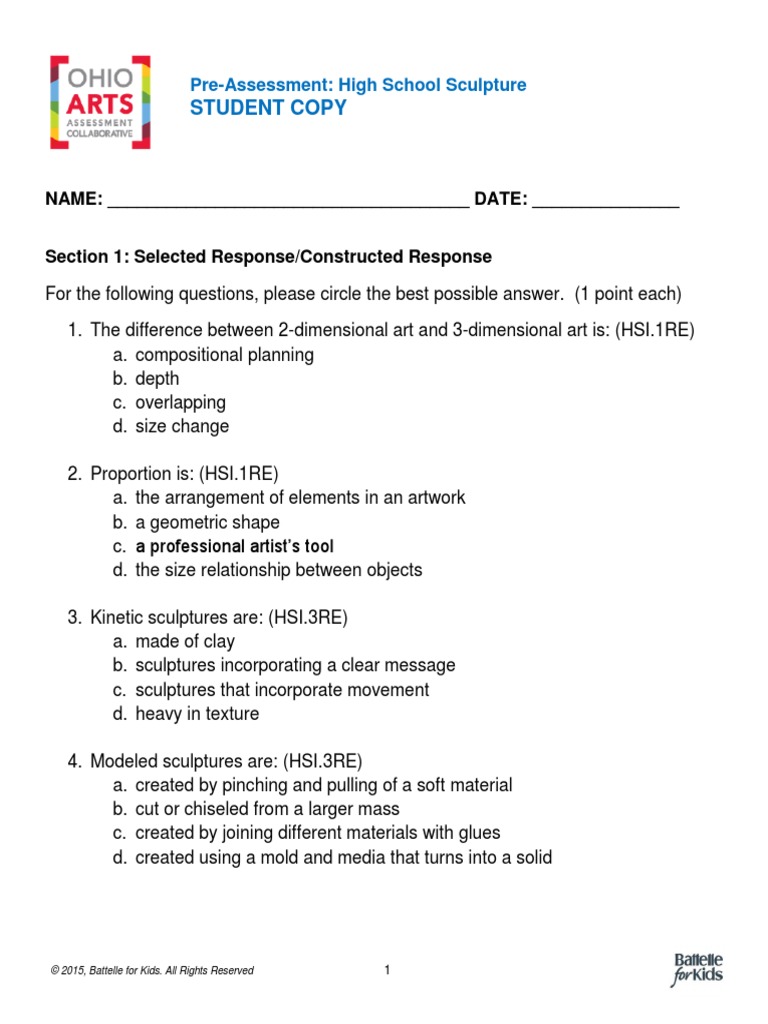 HS Sculpture Student PreAssessment PDF Sculpture