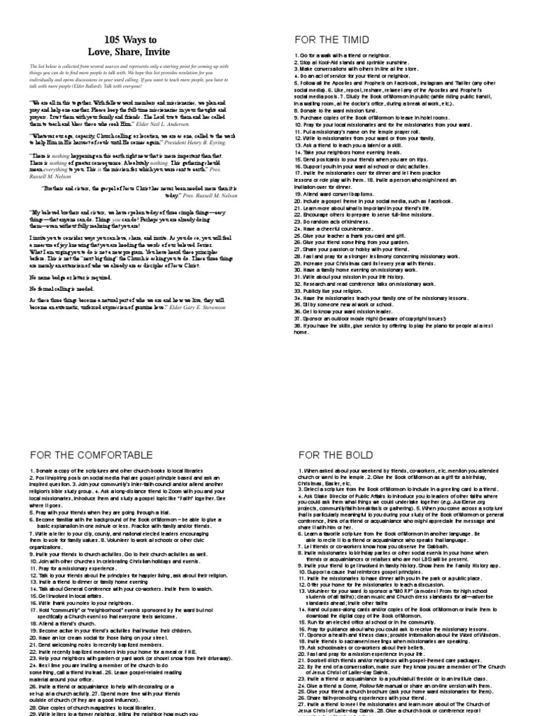 105 Ways To Love Share Invite Pdf The Church Of Jesus Christ Of
