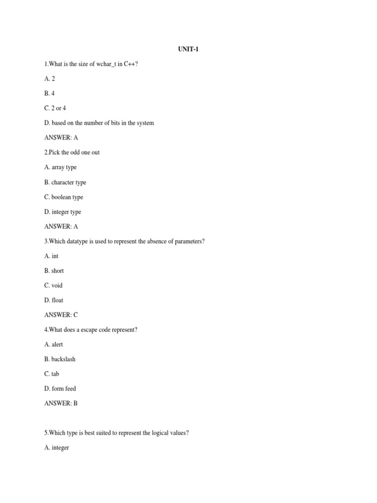 C++ Basics and Data Types Quiz | PDF | Boolean Data Type | Parameter ...