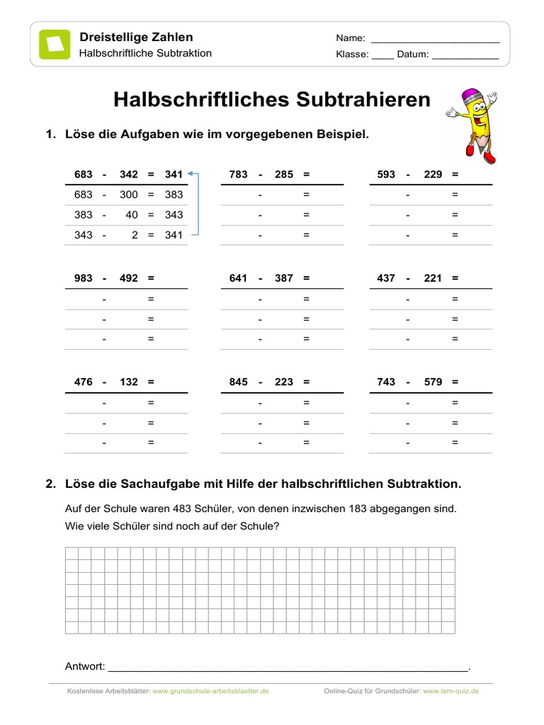 Halbschriftliche Subtraktion 01 Dreistellige Zahlen | PDF