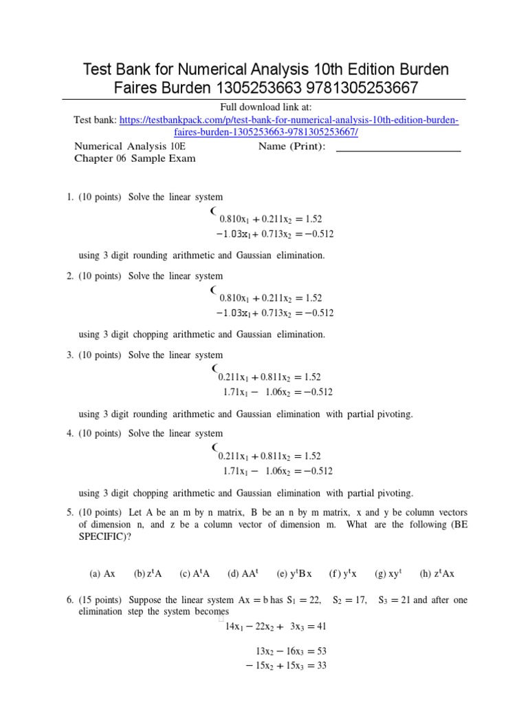 Numerical Analysis 10th Edition Burden Test Bank Download PDF