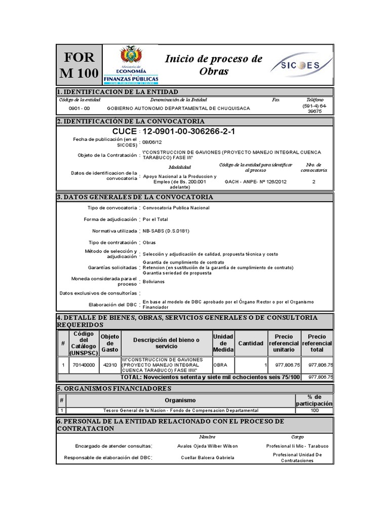 Convocatoria Construcción Gaviones Tarabuco | PDF