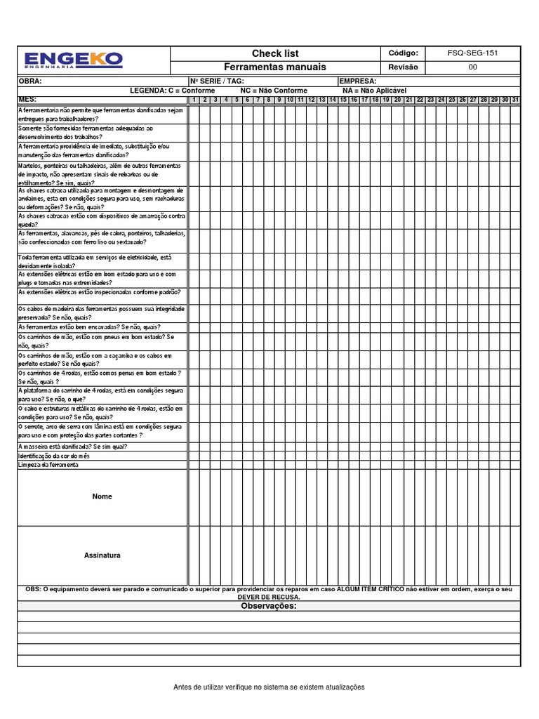 FSQ-SEG-151-00 (Check List-Ferramentas Manuais) | PDF
