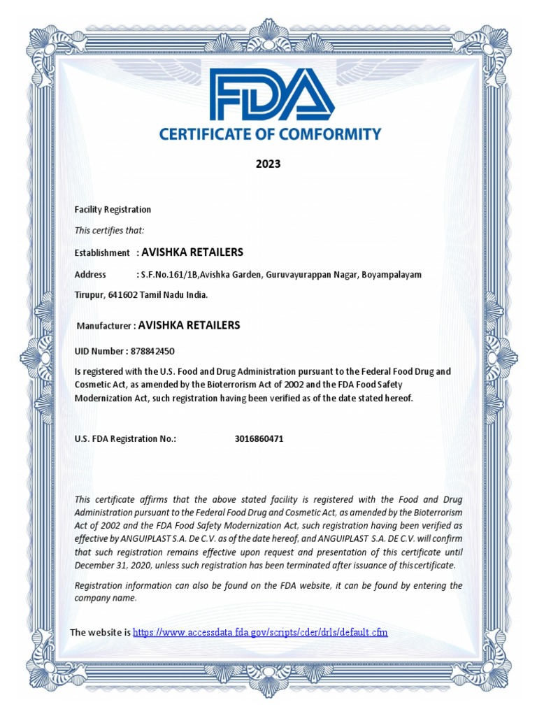 FDA Registration Certificate 3016860471 PDF