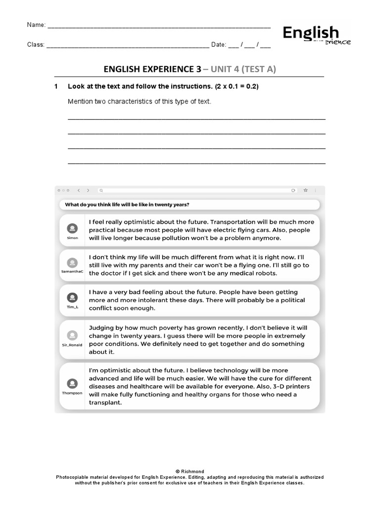 English Experience 3: - Unit 4 (Test A) | PDF