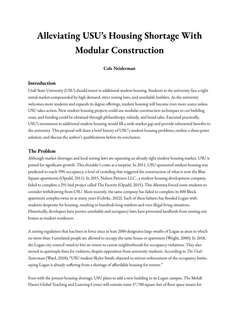 Alleviating USU's Housing Shortage With Modular Construction PDF