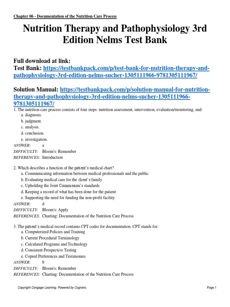 Nutrition Therapy and Pathophysiology 3rd Edition Nelms Test Bank