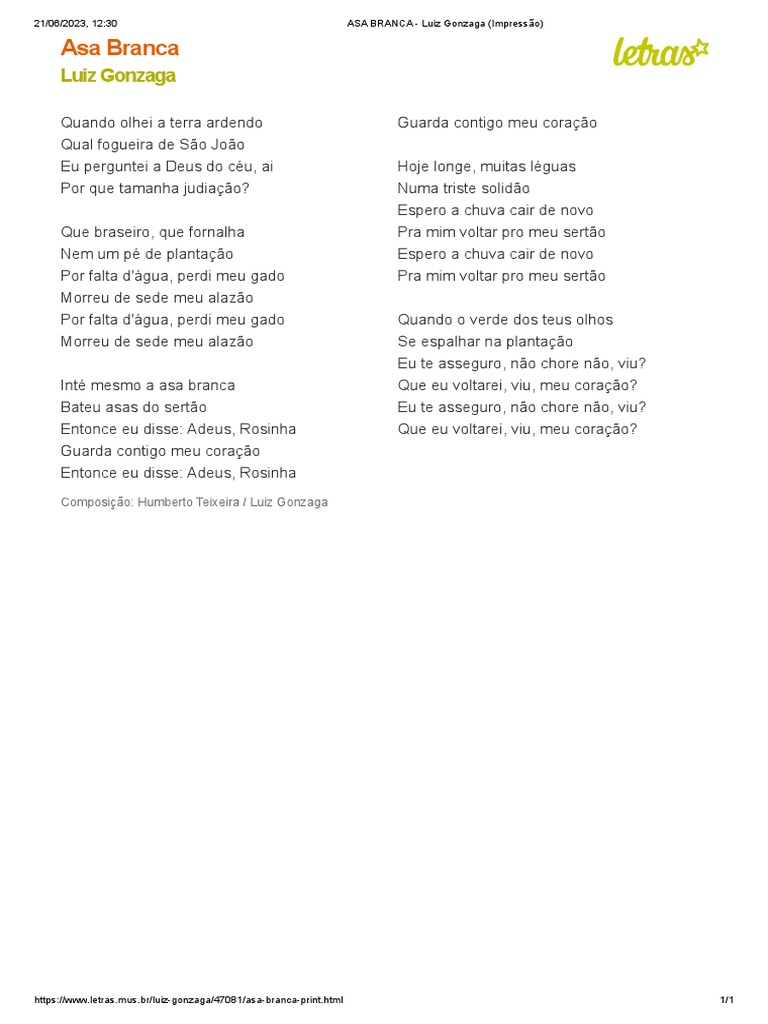 Letra de Asa Branca - Luiz Gonzaga | PDF