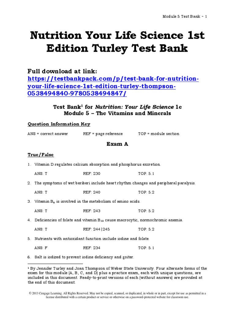 Nutrition Your Life Science 1st Edition Turley Test Bank Download PDF