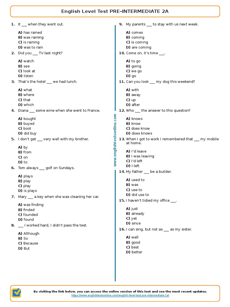 Pre-Intermediate English Level Test | PDF