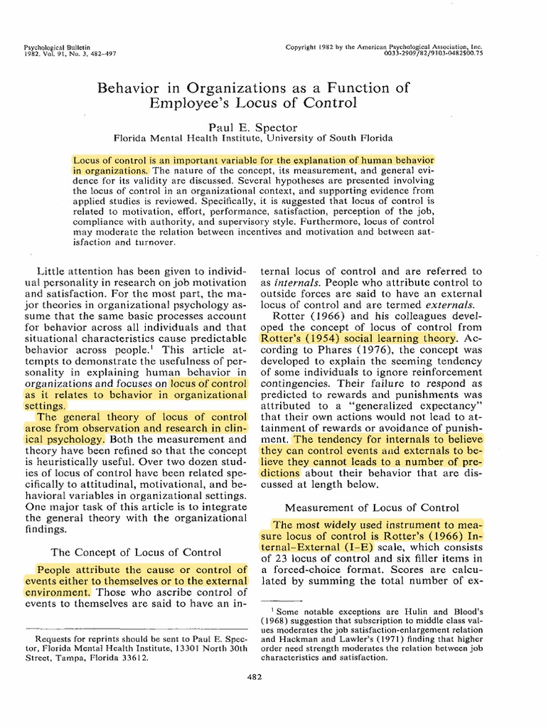 Behavior in Organizations As A Function of Employee's Locus of Control ...