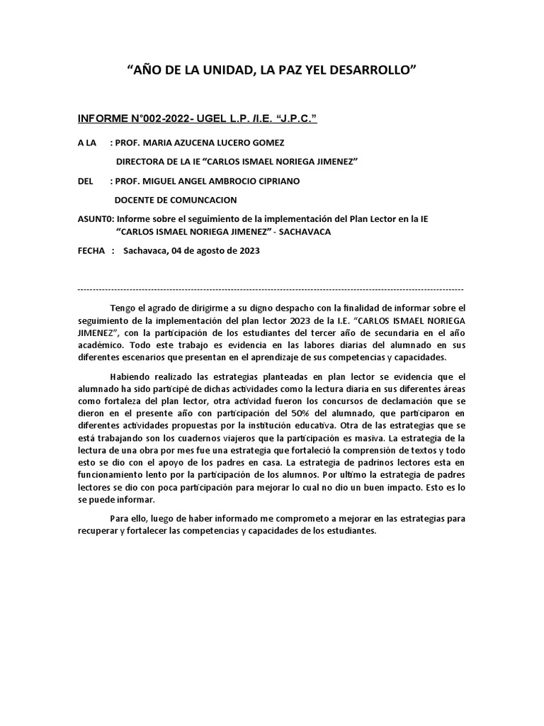 Informe Del Seguimiento De La Implementacion Del Plan Lector 2023 Pdf