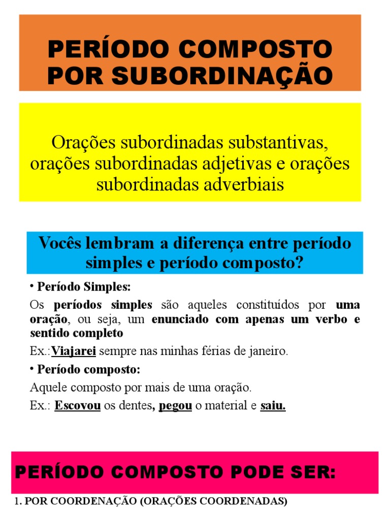 Período Composto por Subordinação | PDF | Artes Linguísticas e ...