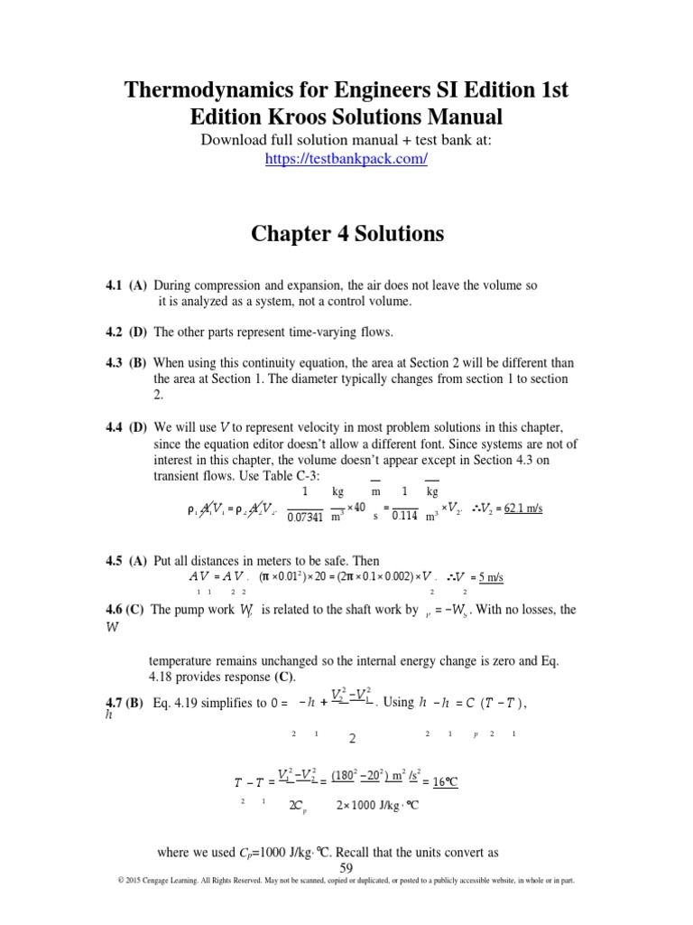 Thermodynamics For Engineers SI Edition 1st Edition Kroos Solutions