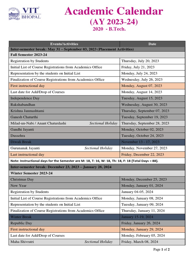 2020 BTech Academic Calendar 202324 PDF