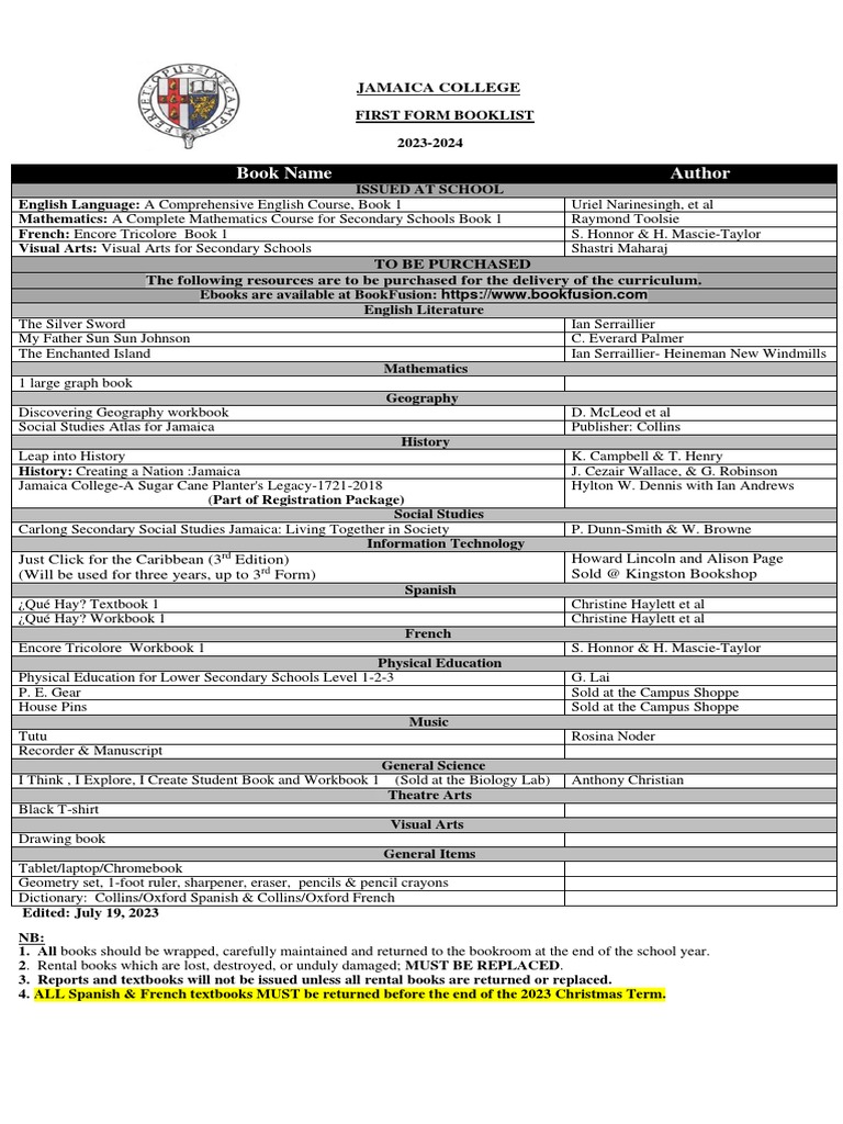 Jamaica College First Form Booklist 2023-24 | PDF