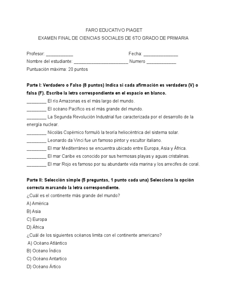 Examen de 6to grado de primaria, Ciencias Sociales | PDF