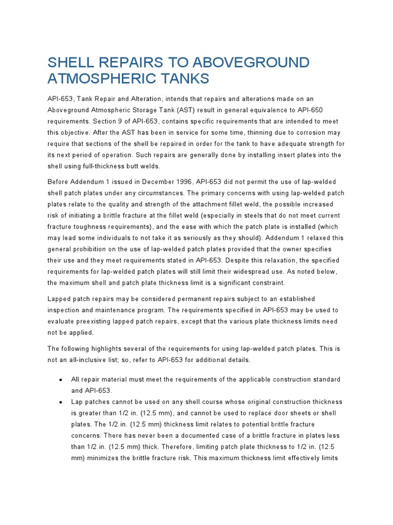 Shell Repairs To Aboveground Atmospheric Tanks | PDF