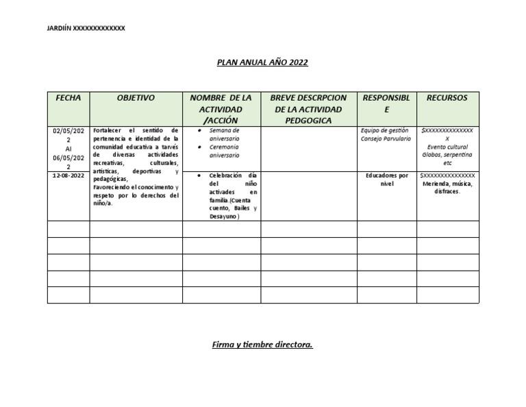 Formato Plan Anual 2022 VTF | PDF