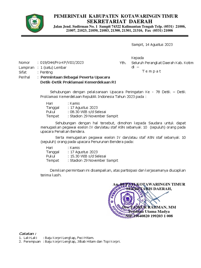 Surat Permintaan Peserta Upacara HUT RI Ke 78 | PDF