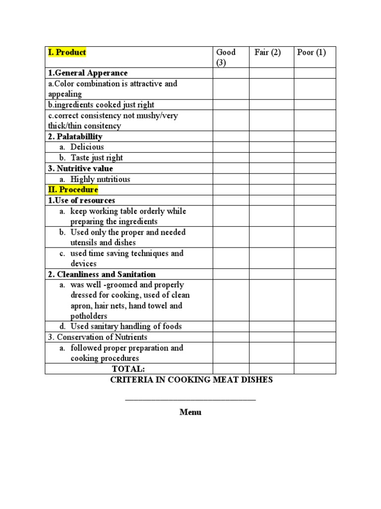 Criteria in Cooking Meat | PDF