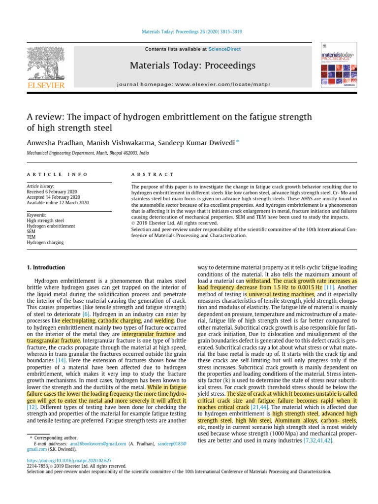 A Review The Impact of Hydrogen Embrittlement On The Fatigue Stre | PDF