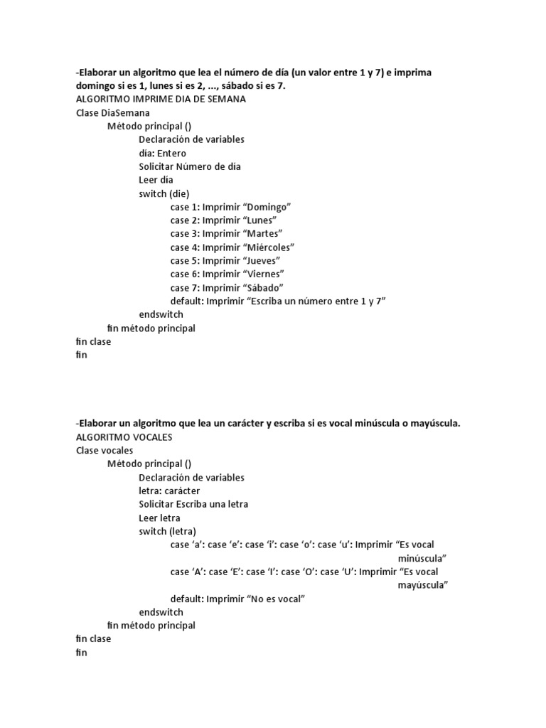 Elaborar Un Algoritmo Que Lea El Número de Día | PDF