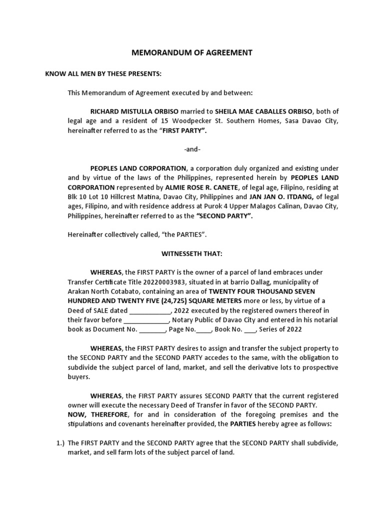 MOA Memorandum of Agreement Raw Lots | PDF