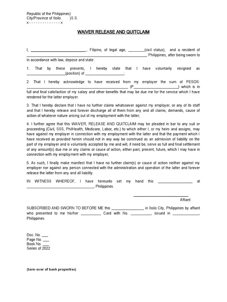 Waiver and Quitclaim Sample Form | PDF