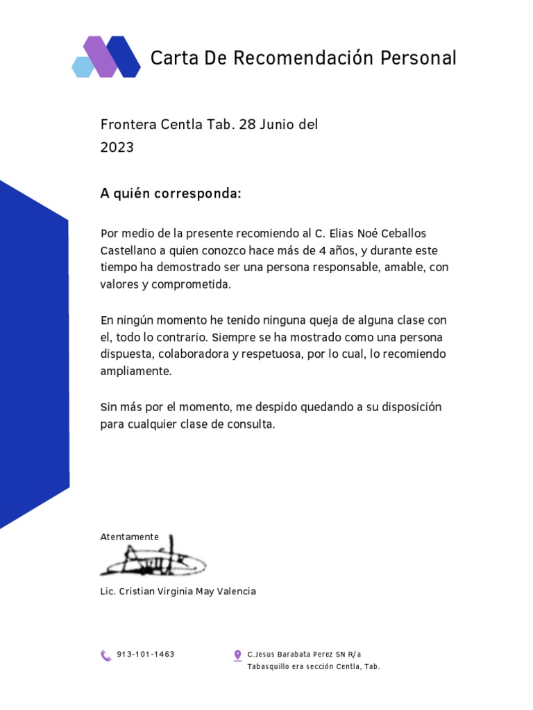 Carta de Recomendación Personal 2 | PDF | Religión y espiritualidad