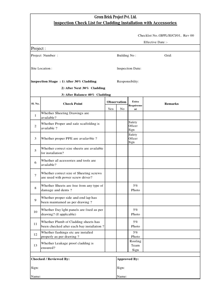 Checklist Cladding Installation PDF