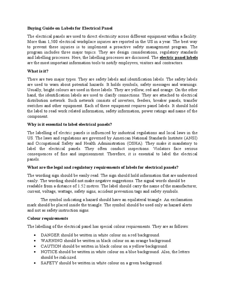 Electrical Panel Labels PDF