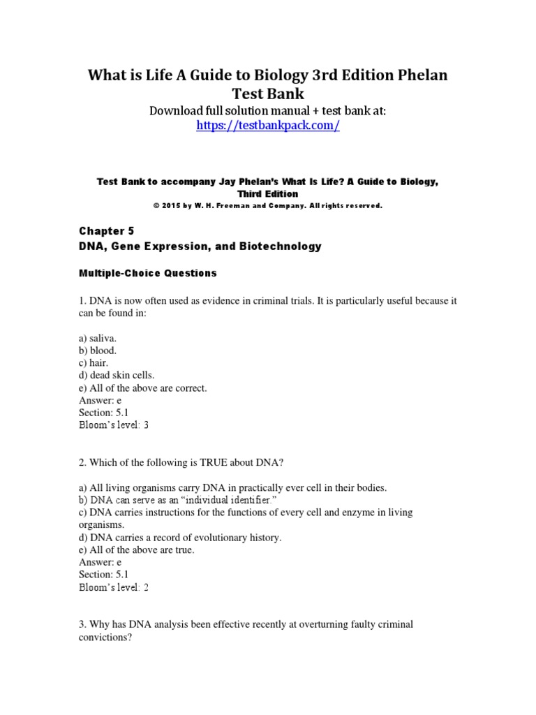 What Is Life A Guide To Biology 3rd Edition Phelan Test Bank 1 PDF